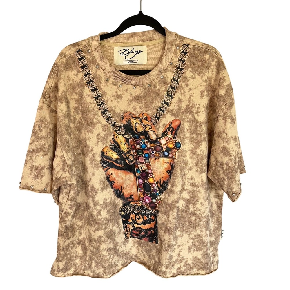 BKYS Cropped Tee Men's L Trap Streetwear Gems Bling Graphic Tan Hand Cross